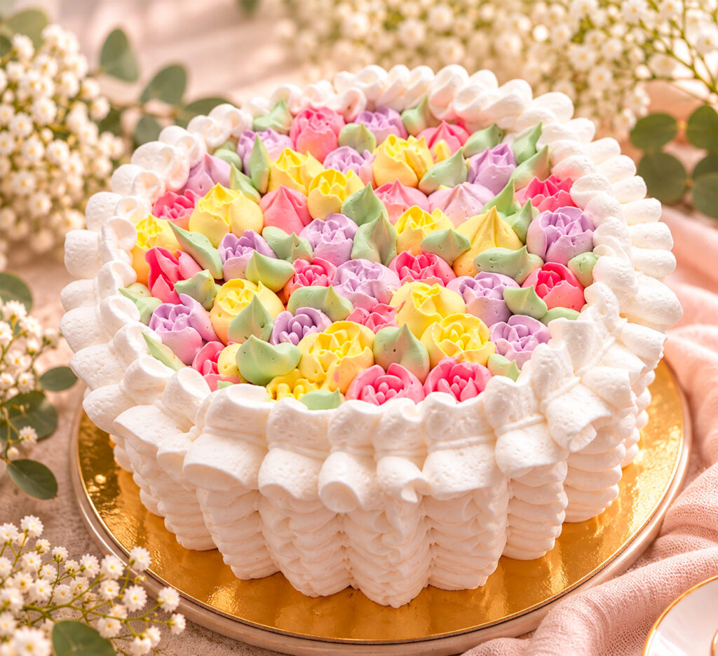 pastellinen kukkakoristeinen juhlakakku